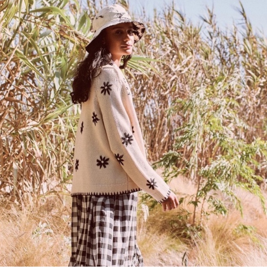 The Great | Daisy Lodge Embroidered Cream And Black Cardigan Sweater